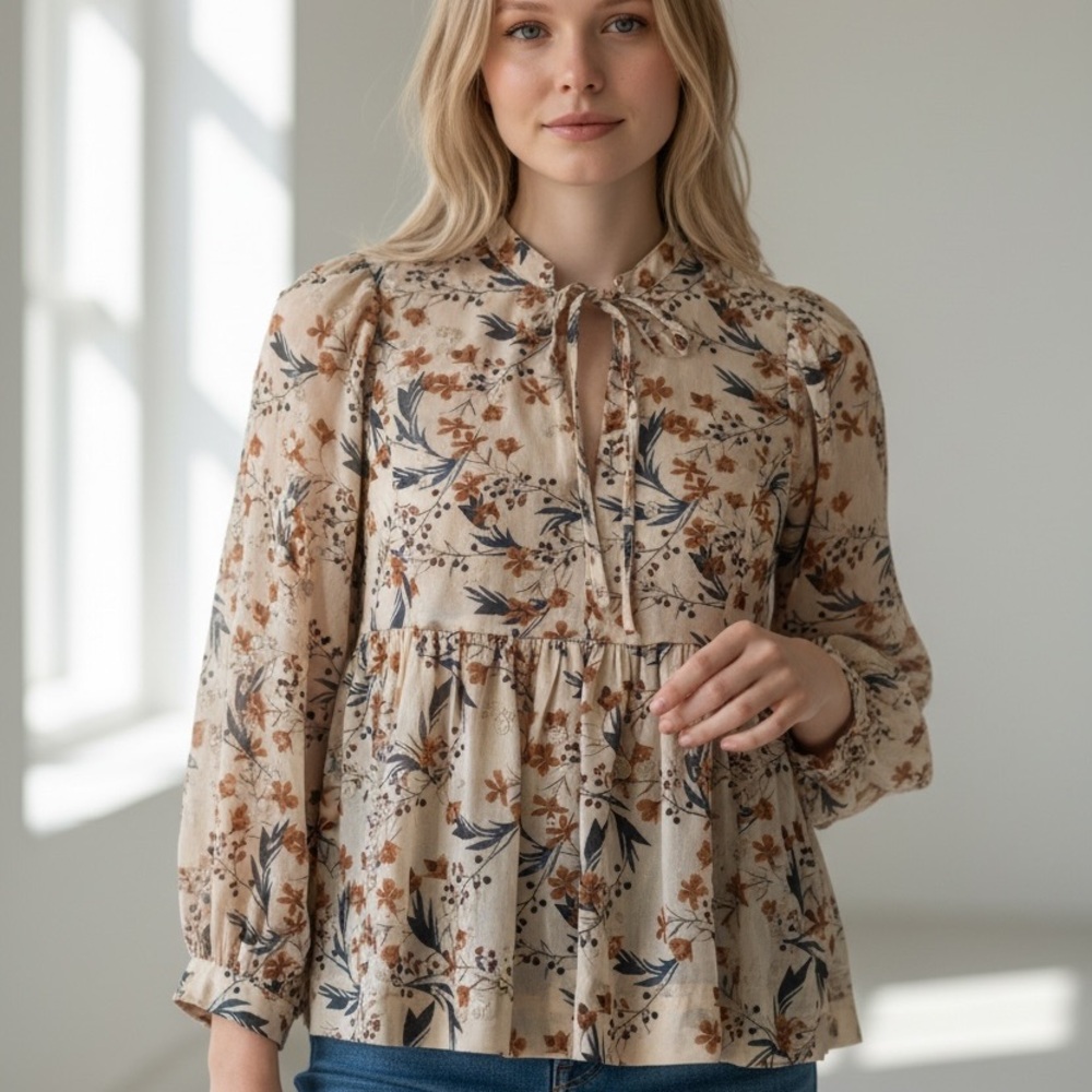 Dear John Floral Babydoll Blouse – Cream Floral – Size XS